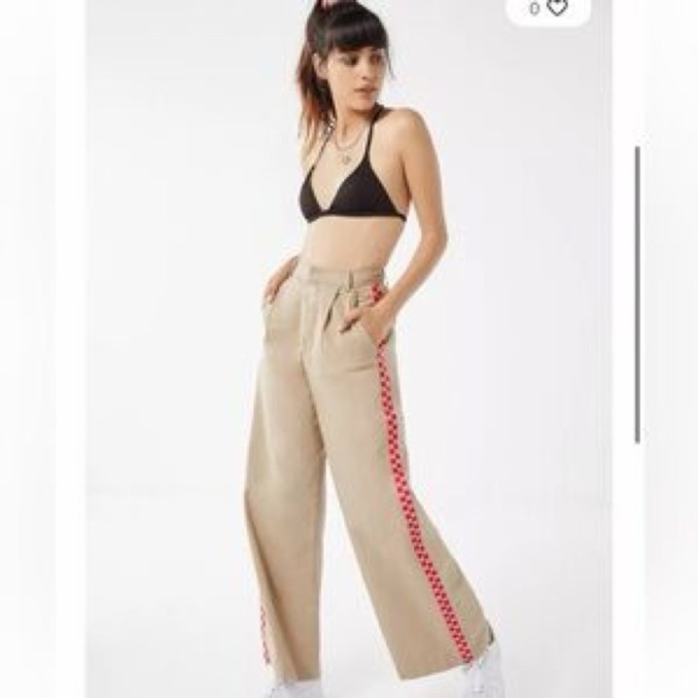 Lazy Oaf Checkered Stripe Wide Leg Khaki Track Pants Trousers size 24